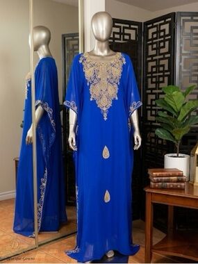 Blue Embellished Kaftan Dress with Gold Appliqué